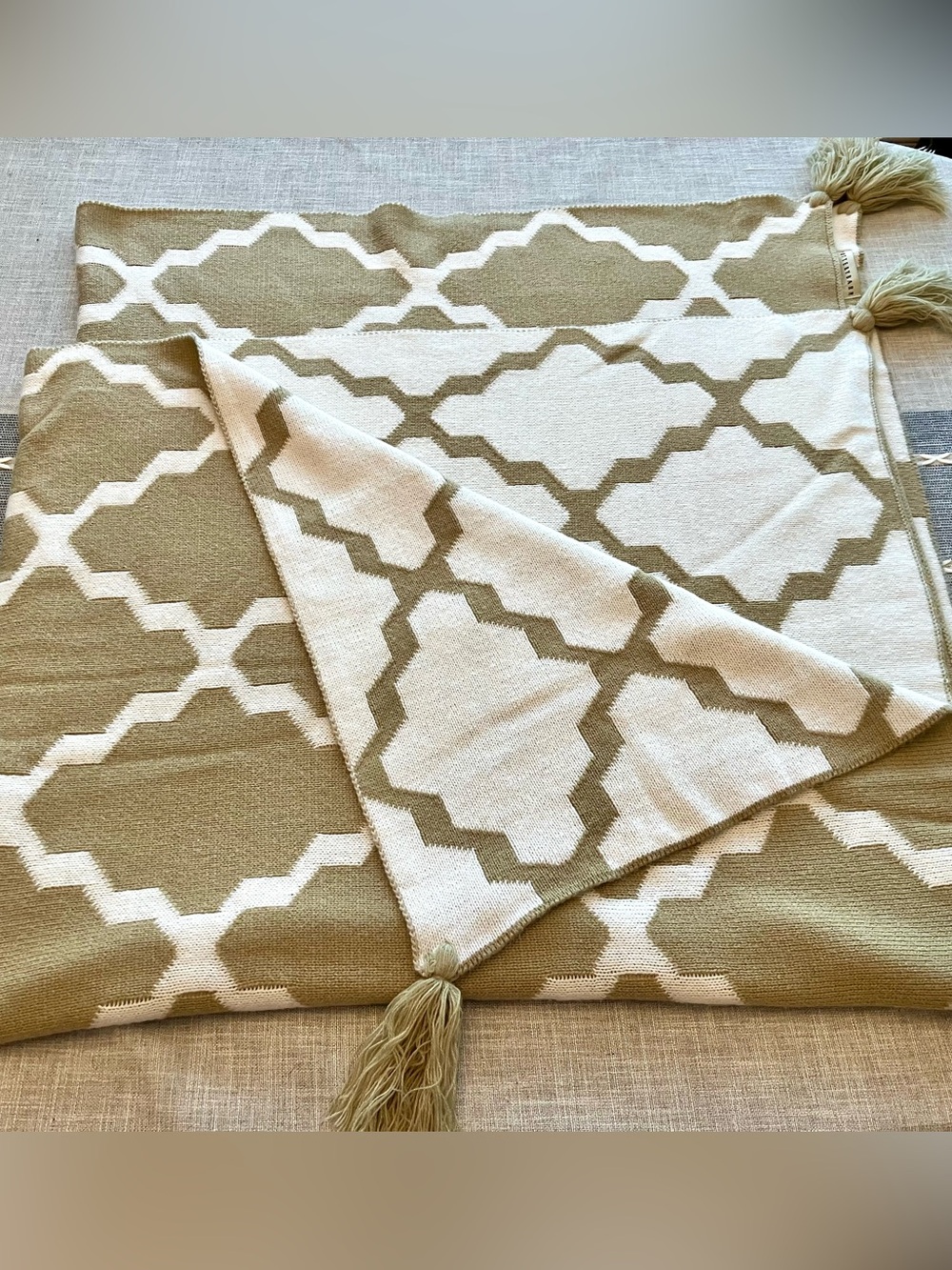 Pottery Barn Camel & Ivory Geometric Knit Throw Blanket - Picture 2 of 13